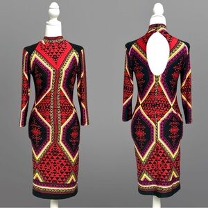 Red Geometric Bodycon Dress with Open Back